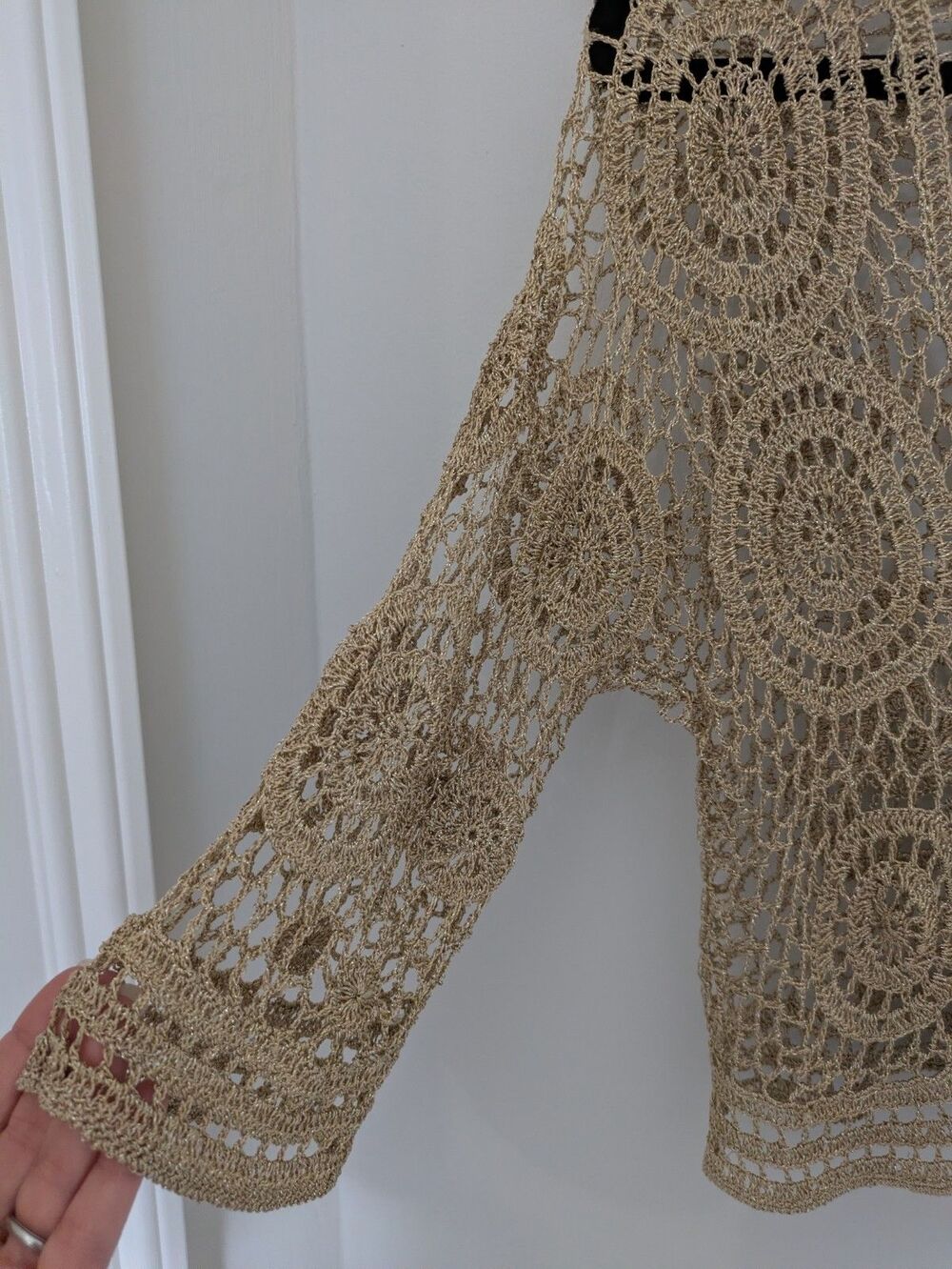 Crochet Bolero SZ M Gold Crop 3/4 Sleeve Festival Boho Fairy Cottage Coachella - Picture 3 of 13